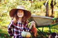 Happy child girl with spaniel dog playing little farmer in autumn garden and picking vegetable harvest Royalty Free Stock Photo