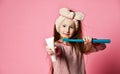 Happy child girl with toothbrush brushes teeth and smiles Royalty Free Stock Photo