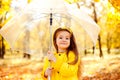 Happy child girl with an umbrella and rubber boots an autumn walk Royalty Free Stock Photo