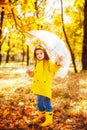 Happy child girl with an umbrella and rubber boots an autumn walk Royalty Free Stock Photo