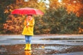 Happy child girl with an umbrella and rubber boots in puddle on Royalty Free Stock Photo