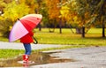 happy child girl with umbrella walking through puddles after autumn rain Royalty Free Stock Photo