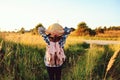 Happy child girl walking on summer countryside. Rural living, exploring new places Royalty Free Stock Photo