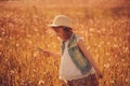 Happy child girl walking on summer meadow with dandelions. Rural country style scene, outdoor activities Royalty Free Stock Photo