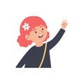 Happy child girl waving hand, greeting or saying goodbye - flat vector illustration isolated on white background. Royalty Free Stock Photo