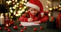 Happy child girl writing letter santa home near Christmas tree Royalty Free Stock Photo