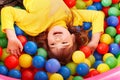 Happy child in group colourful ball.