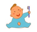 A happy child has a first tooth and a first toothbrush. Flat style. Seated child. Enjoying dental care Royalty Free Stock Photo