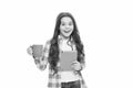 Happy child hold note book and tea cup. ready for reading. little business lady. back to school. surprised school gorl Royalty Free Stock Photo