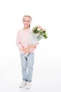 happy child holding bouquet of flowers, Royalty Free Stock Photo