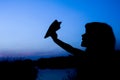 Happy child holding flightnumber silhouette on nature in the park sunset