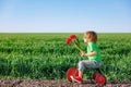 Happy child holding flowers against blue sky background Royalty Free Stock Photo