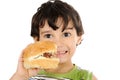 Happy child holding hamburger