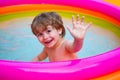 Happy child in the home pool. Inflatable pool. Rest and relaxation in the water. Water treatments for children. Summer Royalty Free Stock Photo