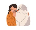 Happy child hugging big bob-tailed dog. Pet owner kid and doggy friend. Love and friendship of girl and cute shaggy