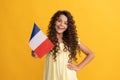 happy child long curly hair hold french flag, france Royalty Free Stock Photo