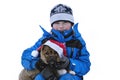 Happy child and dog on Christmas eve. Royalty Free Stock Photo