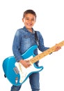 Happy child playing electric blue guitar Royalty Free Stock Photo