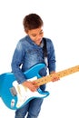 Happy child playing electric blue guitar Royalty Free Stock Photo