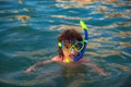Happy child playing in the sea. Kid snorkeling in the ocean.