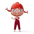 Happy child pointing fingers, cute girl cartoon character, 3d rendering