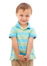 Happy, child and portrait of boy in studio, white background and fashion in mockup space. Kid, face and smile with