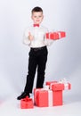 Happy child with present box. Christmas. Birthday party. Shopping. Boxing day. New year. little boy with valentines day Royalty Free Stock Photo