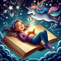 Happy child reading fantasy book clouds sky unicorn illustration