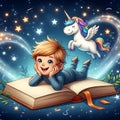 Happy child reading fantasy book stars sky unicorn illustration