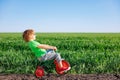 Happy child riding bike outdoor in spring green field Royalty Free Stock Photo
