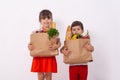 Happy child and shopping cart. Kids buying food at grocery store or supermarket. Children with vegetables, bread, milk and other p