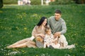 Pregnant mother and her little daughter and husband sitting on a grass in a park Royalty Free Stock Photo