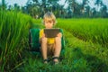 Happy child sitting on the field holding tablet. Boy sitting on the grass on sunny day. Home schooling or playing a Royalty Free Stock Photo