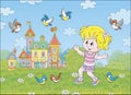 Little girl playing with merry birds