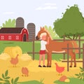 Happy child spend fun time with domestic farm animals, farmer boy hugging cute horse Royalty Free Stock Photo