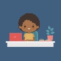 Happy child studying online. Dark skin kid learning online sitting at the desk.