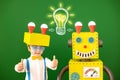 Happy child with toy robot in class Royalty Free Stock Photo