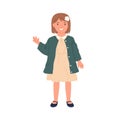 Happy child waving with hand and saying hello. Hi greeting gesture of smiling kid. Portrait of cute preschool girl in