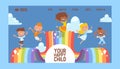 Happy childhood banner website design vector illustration. Multiracial school kids, children. Boys and girls jumping