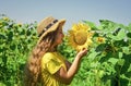 happy childhood. beautiful girl wear straw summer hat in field. pretty kid with flower. beauty of summer nature. little Royalty Free Stock Photo
