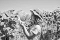 happy childhood. beautiful girl wear straw summer hat in field. pretty kid with flower. beauty of summer nature. little Royalty Free Stock Photo