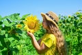 happy childhood. beautiful girl wear straw summer hat in field. pretty kid with flower. beauty of summer nature. little Royalty Free Stock Photo