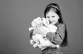 Happy childhood. Birthday. hugging a teddy bear. toy shop. childrens day. Best friend. small girl with soft bear toy Royalty Free Stock Photo