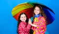 Happy childhood. Bright umbrella. It is easier to be happy together. Be rainbow in someones cloud. Walk under umbrella