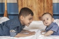 Happy childhood concept. Happy brothers portrait. 6 years and 6 months old boys having fun. Two little kids smiling having good Royalty Free Stock Photo