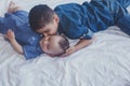 Happy childhood concept. Happy brothers portrait. 6 years and 6 months old boys having fun. Two little kids smiling having good Royalty Free Stock Photo