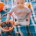 Happy childhood. A cute baby girl in a pink beanie sits on a blue blanket with a basket full of fruits Royalty Free Stock Photo