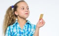 Happy childhood. Dessert and pastry. little chef tasting cookie. happy child eating cookies. little girl with cookie Royalty Free Stock Photo