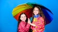Happy childhood. It is easier to be happy together. Be rainbow in someones cloud. Walk under umbrella. Kids girls happy