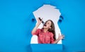 Happy childhood. happy girl enjoy the moment. Have Fun on Celebration. teen kid singing with microphone in karaoke Royalty Free Stock Photo